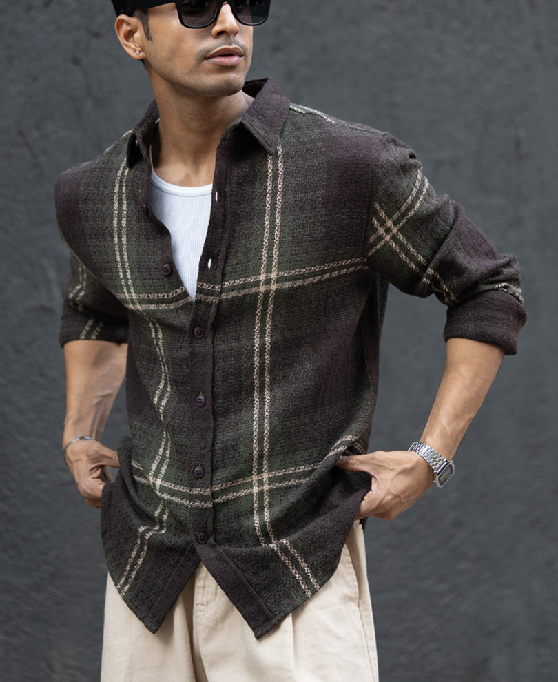 Dark Olive Structured Checks Shirt