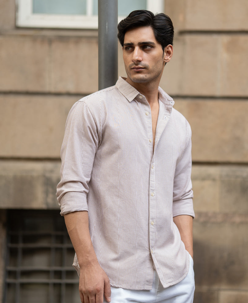 Dark Beige Oxford Stripe Shirt.