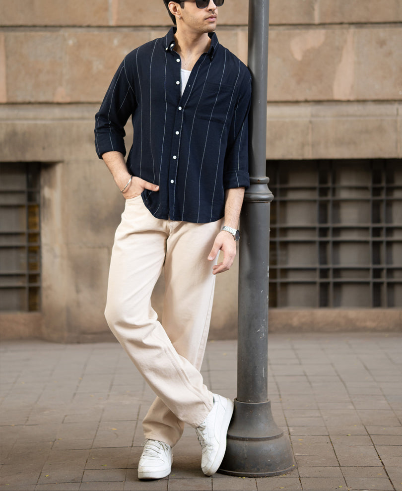 Navy Lightweight Linen Striped Shirt