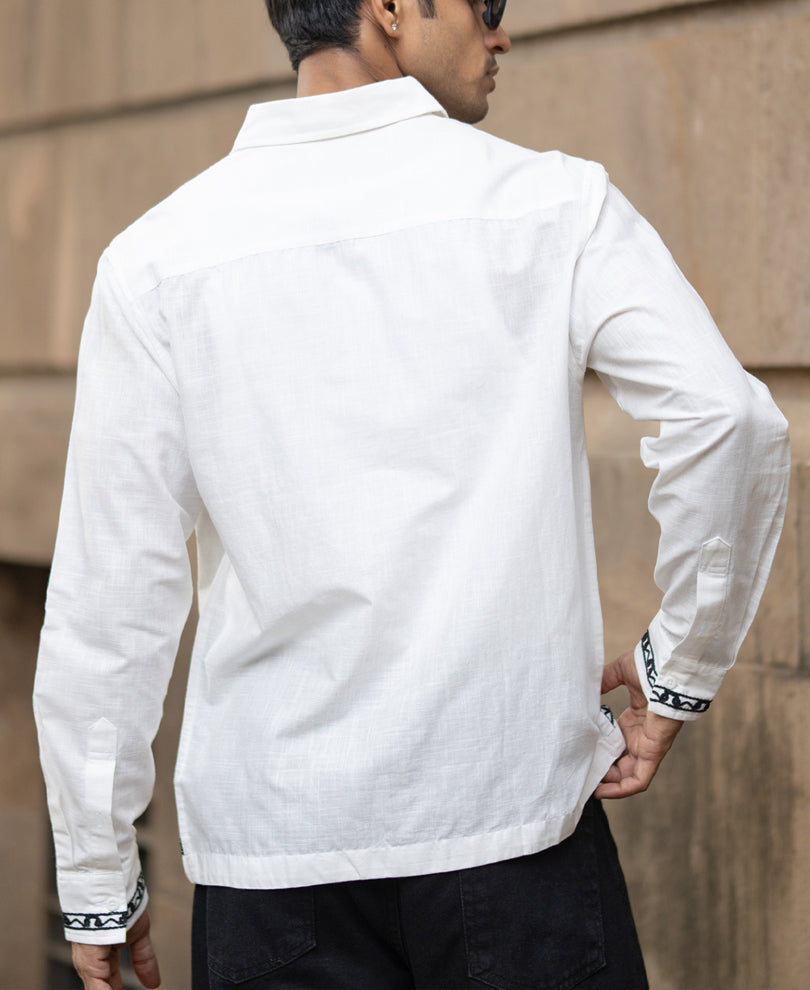White Cotton Slub Embroidered Shirt