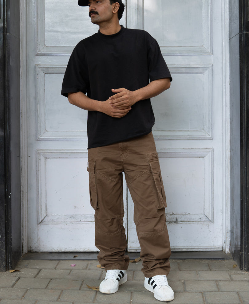 Brown Overdyed Cotton Cargo Pants.