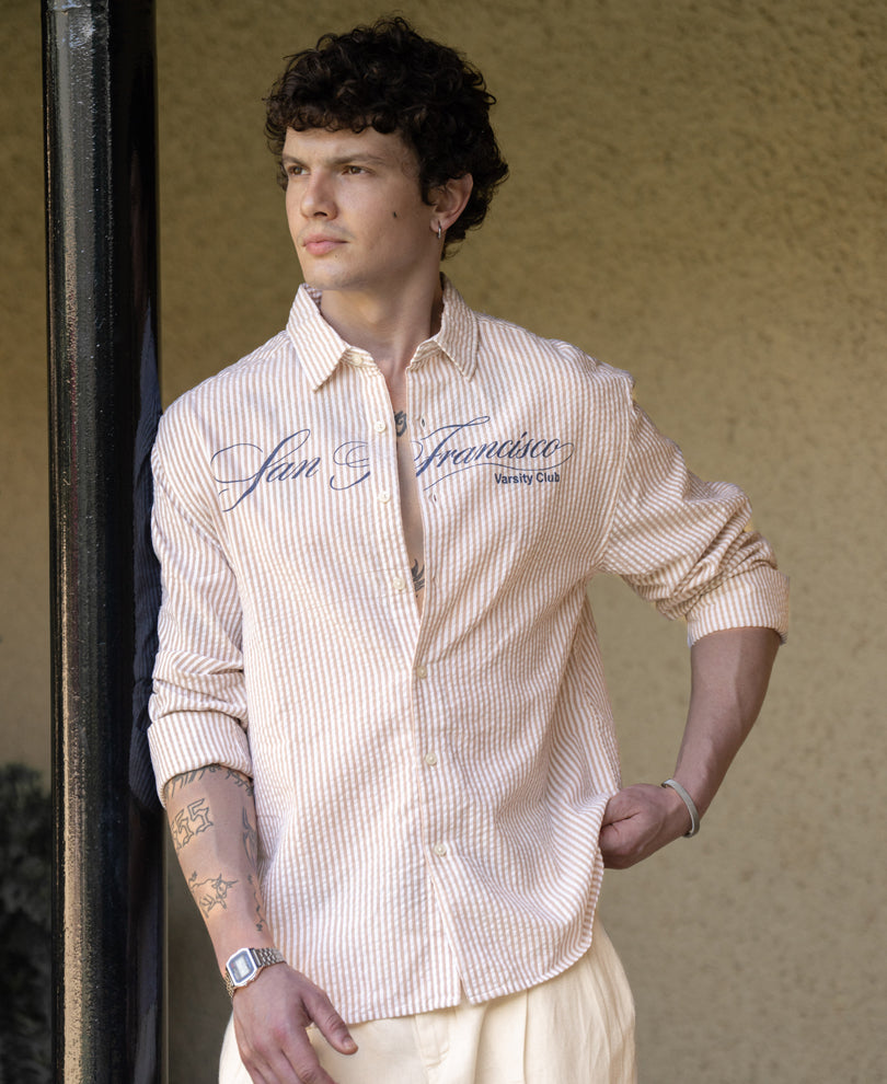 Beige Seersucker Printed Stripe Shirt