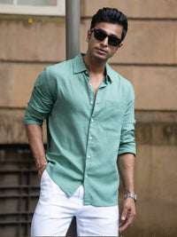 Sage Green Linen Blend Regular Fit Shirt