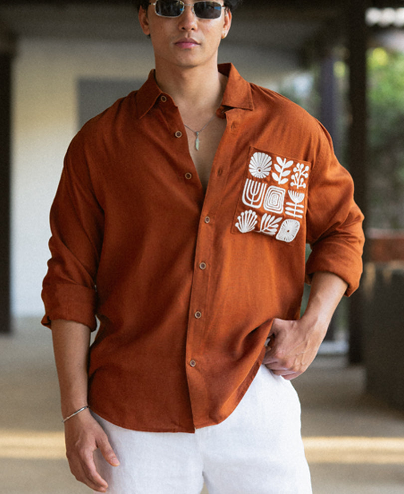 Rust Linen Blend Embroidered Shirt