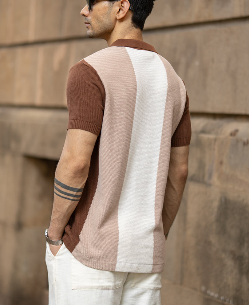 Beige & Brown Knit Stripe T-Shirt.
