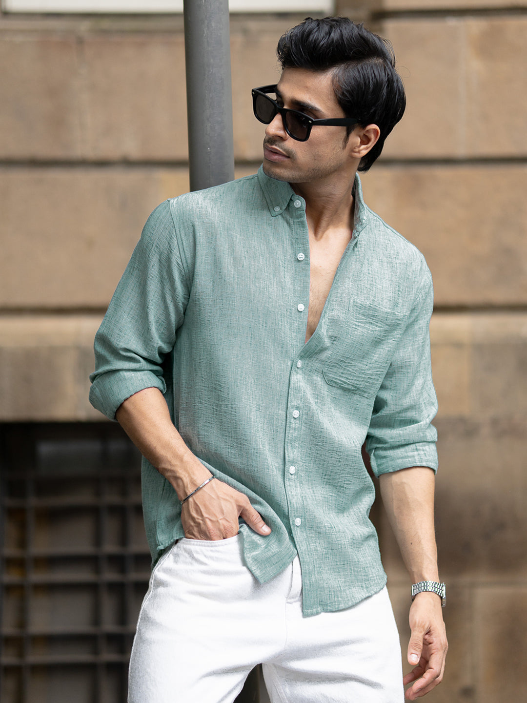 Green Slub Textured Shirt