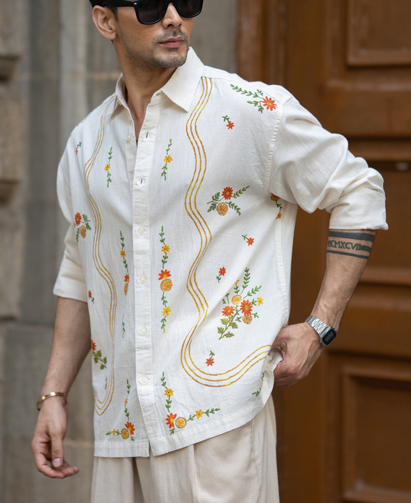 Natural Linen Blend Print Shirt.