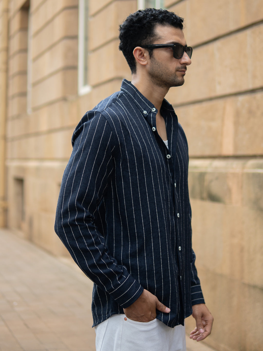 Dark Blue Flowy Striped Shirt