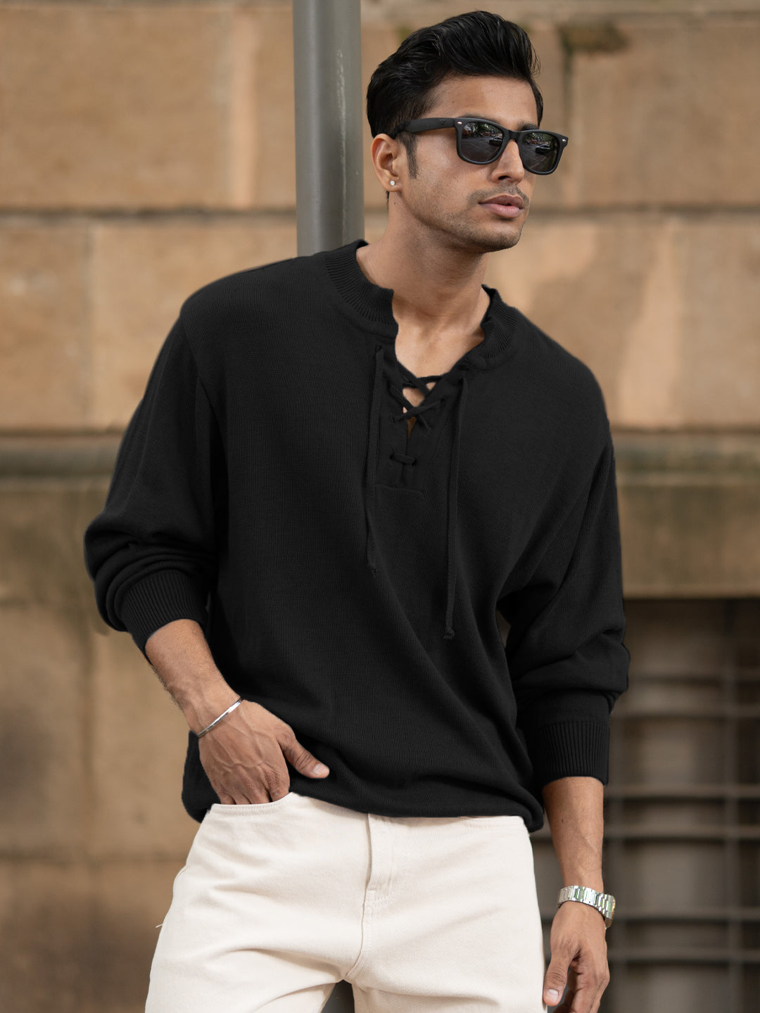 Black Knitted Henley Full Sleeves T-Shirt