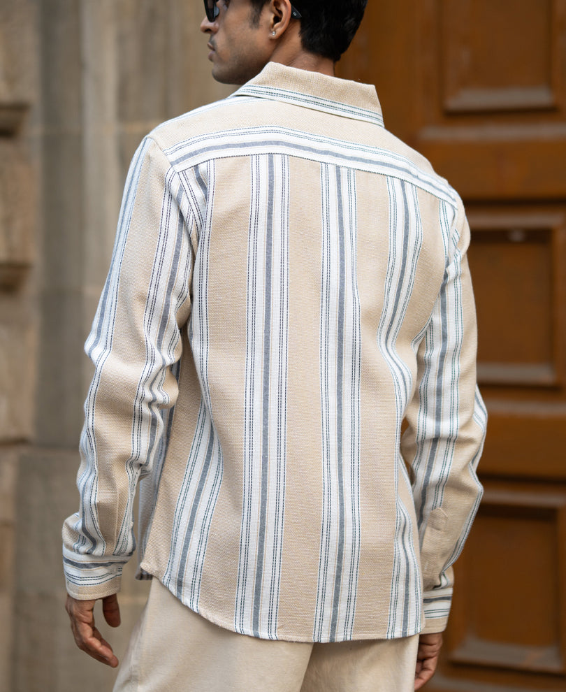Beige Structured Stripe Regular Fit Shirt.