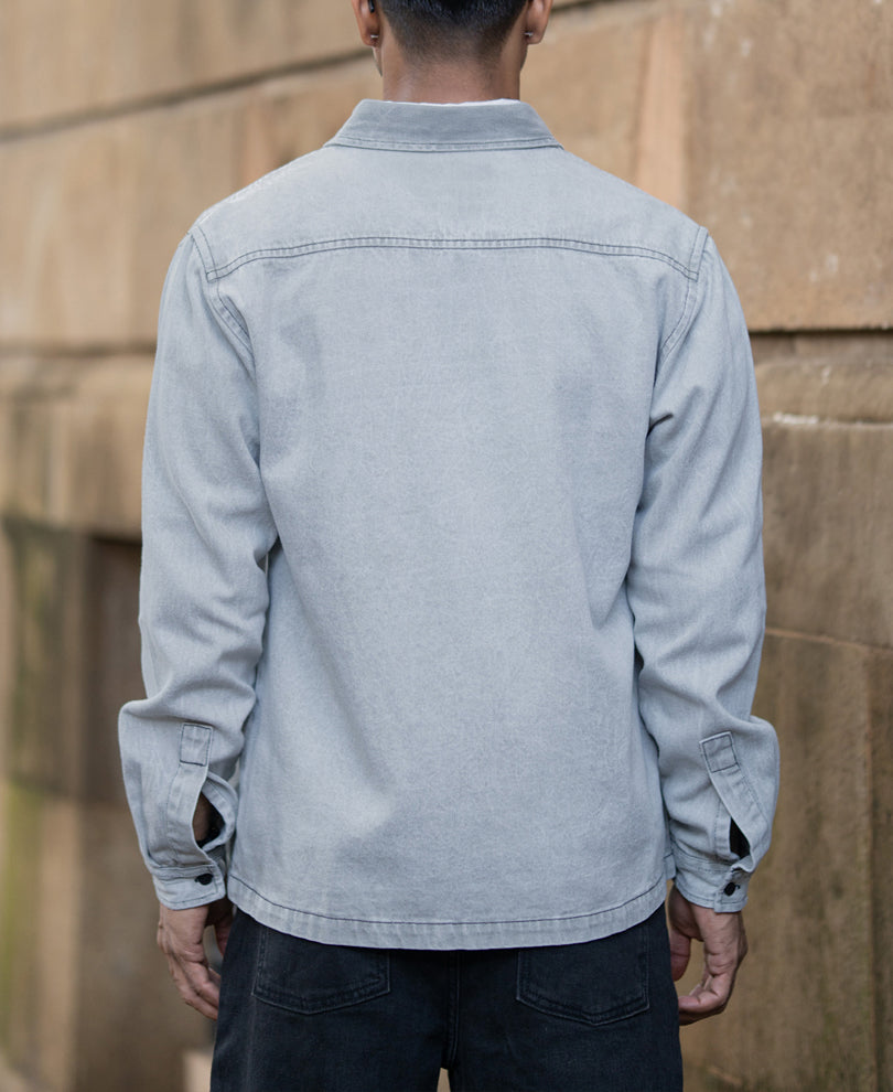 Grey Denim Shacket With Pockets