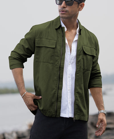 Olive Structured Zipper Overshirt
