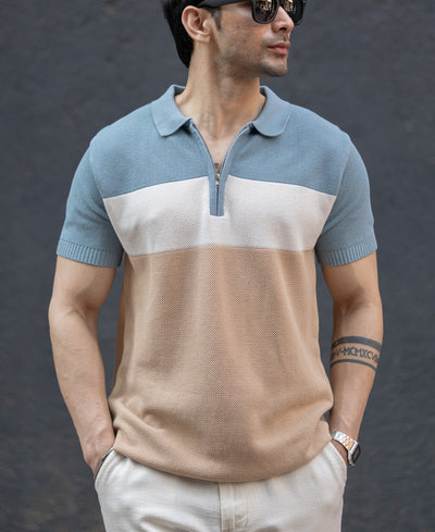 Blue & Beige Stripe Knit T-Shirt