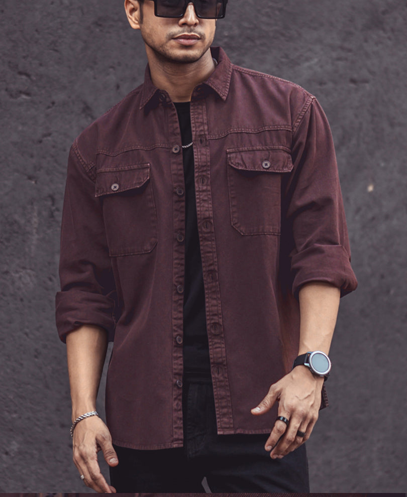 Dark Brown Denim Shacket Full Sleeves Shirt