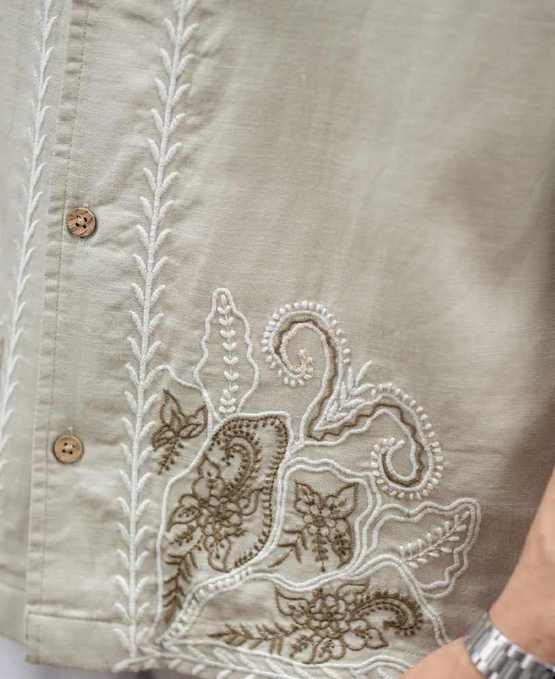 Beige Floral Embroidery Shirt.