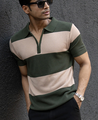 Olive & Beige Knit Stripe T-Shirt