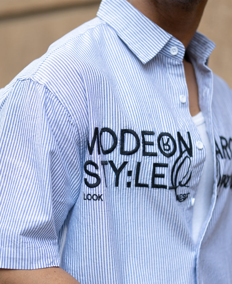 Sky Blue Stripe Embroidered Shirt