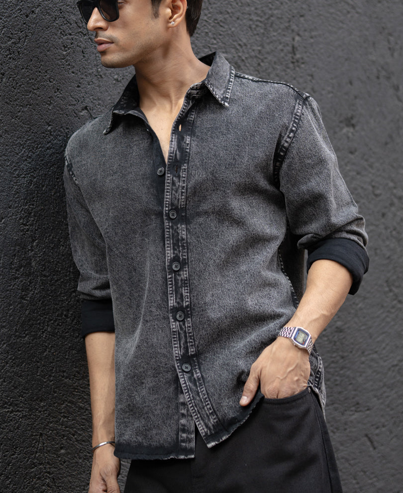 Charcoal Black Washed Denim Overshirt.
