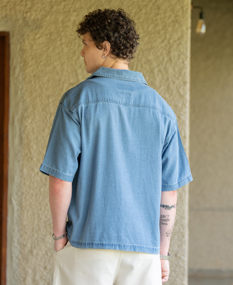 Light Blue Cuban Denim Shirt 100% Cotton