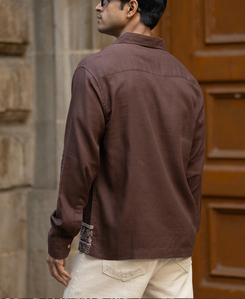 Dark Brown Linen Blend Embroidery Shirt