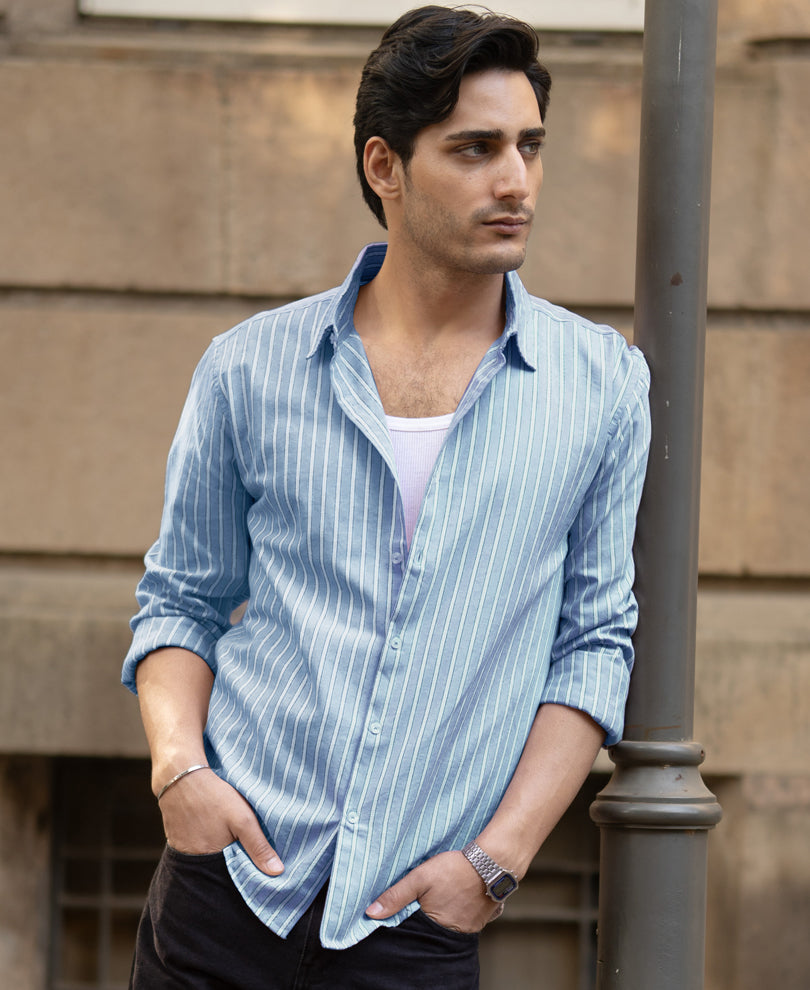Blue Cotton Oxford Stripe Shirt