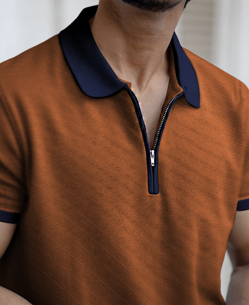 Dark Tan Contrast Collar Zipper T-Shirt