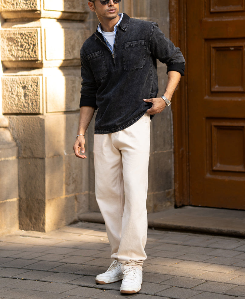 Black Washed Denim Polo Shirt