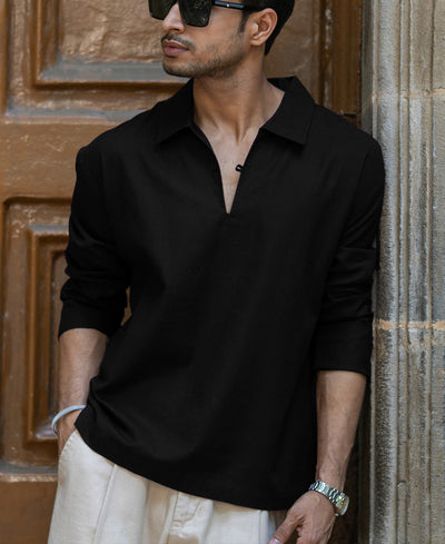 Black Lightweight Structured Kurta Shirt
