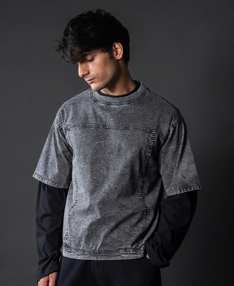 Grey Washed Panelled T-Shirt.