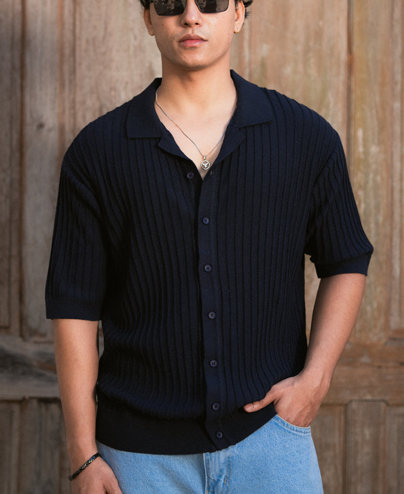 Navy Rib Knit Shirt.
