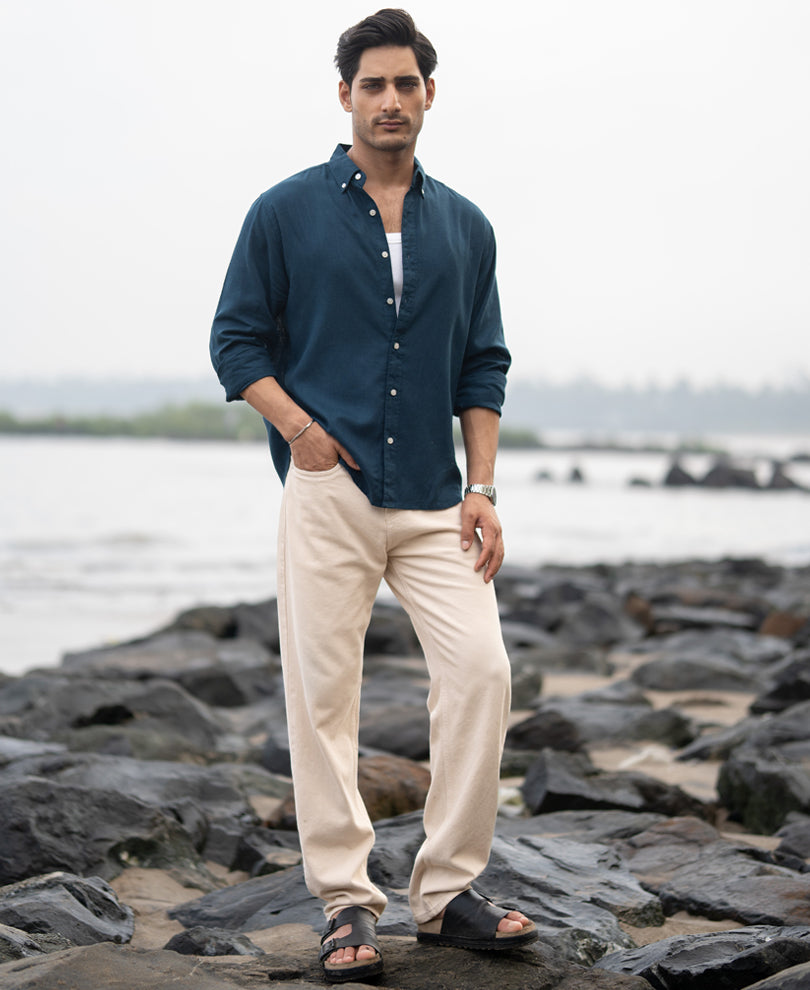 Dark Teal Linen Blend Shirt