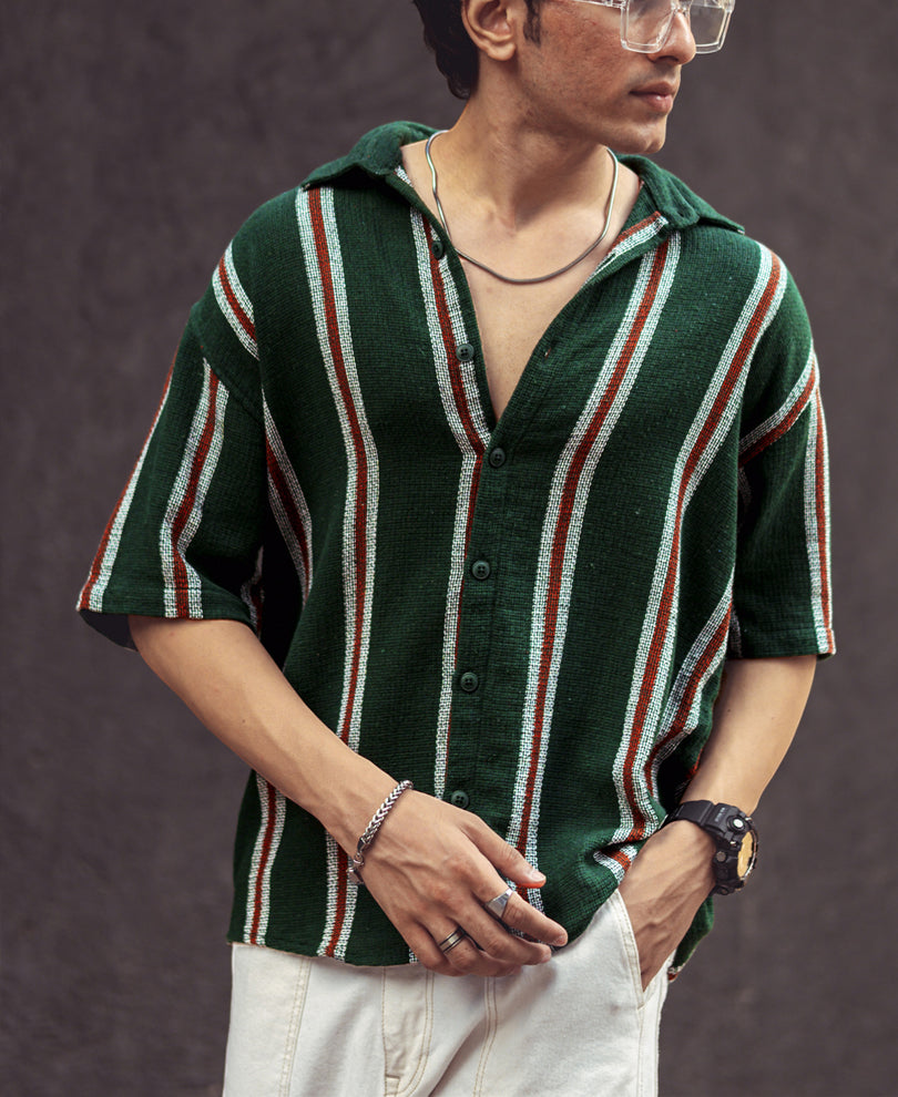 Olive Green Vertical Stripes Oversize Drop Shoulder Shirt