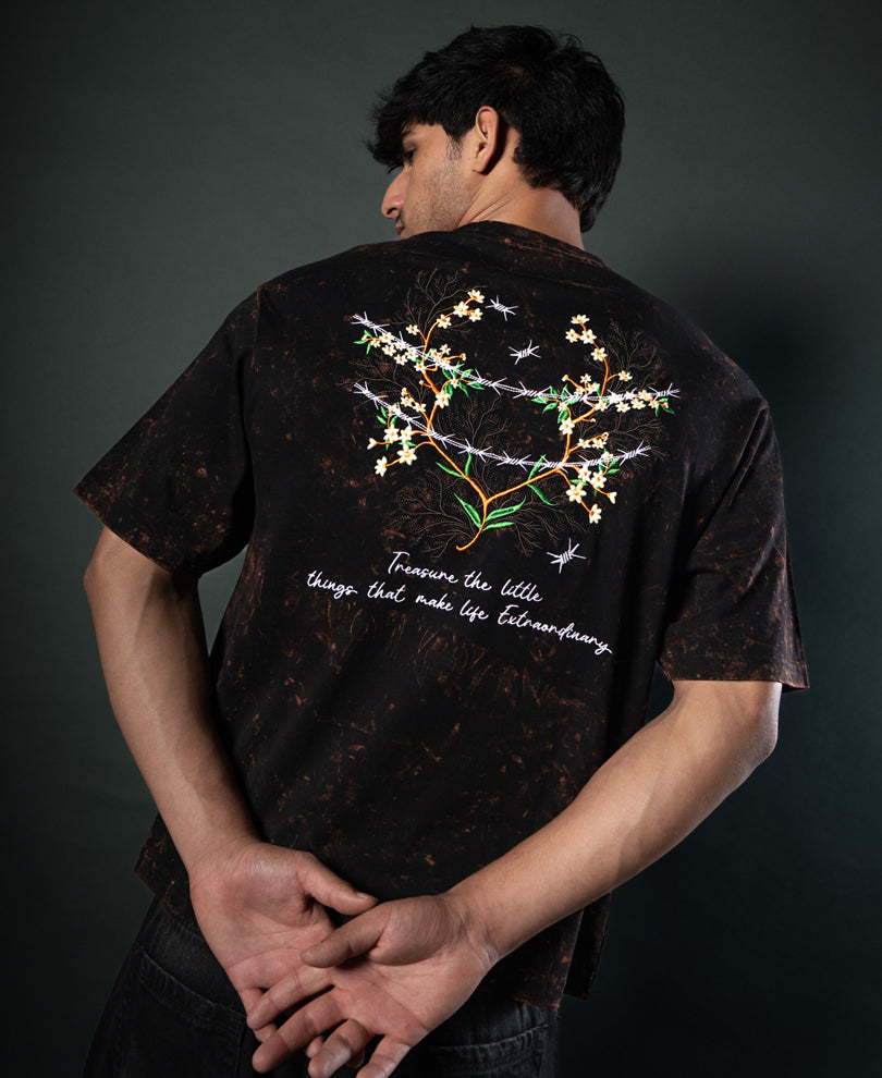 Dark Brown Floral Embroidery T-Shirt.