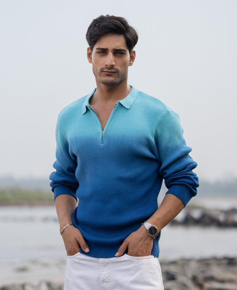 Blue Ombre Structure Cotton Sweatshirt