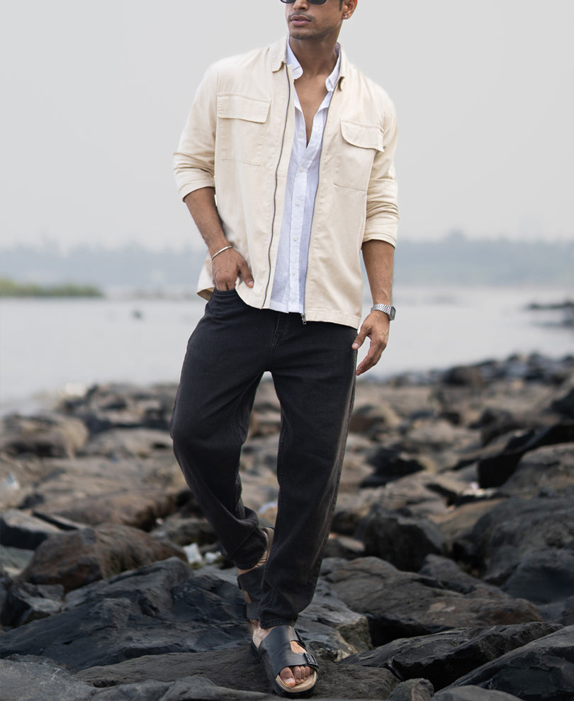 Light Beige Structured Zipper Overshirt