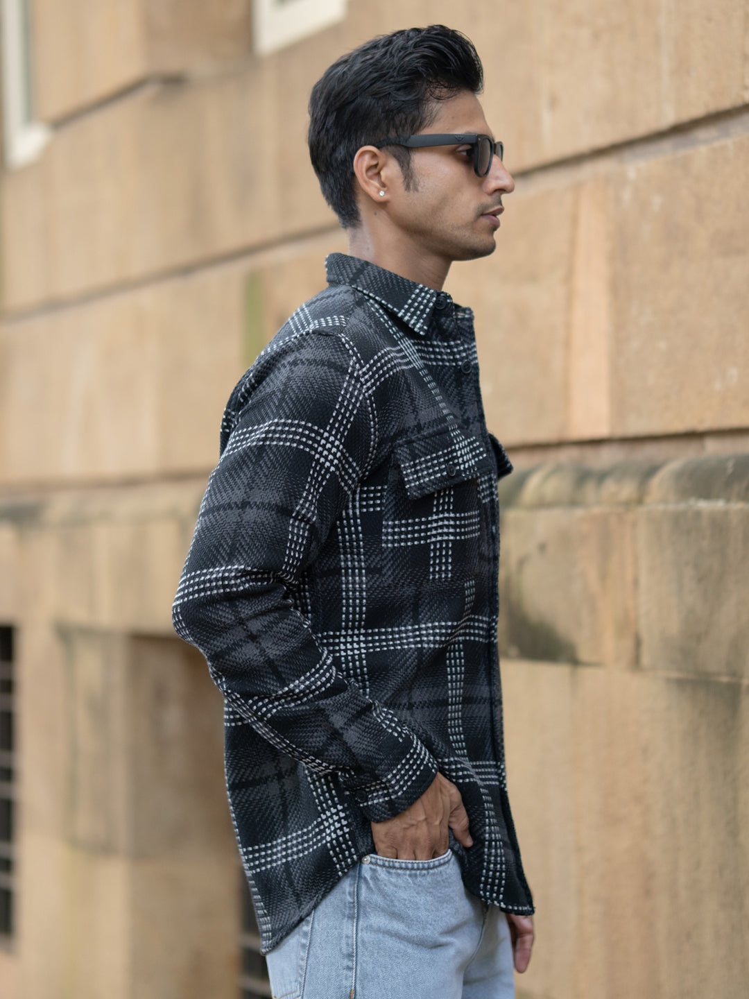 Black Structured Double Pockets Checked Shirt