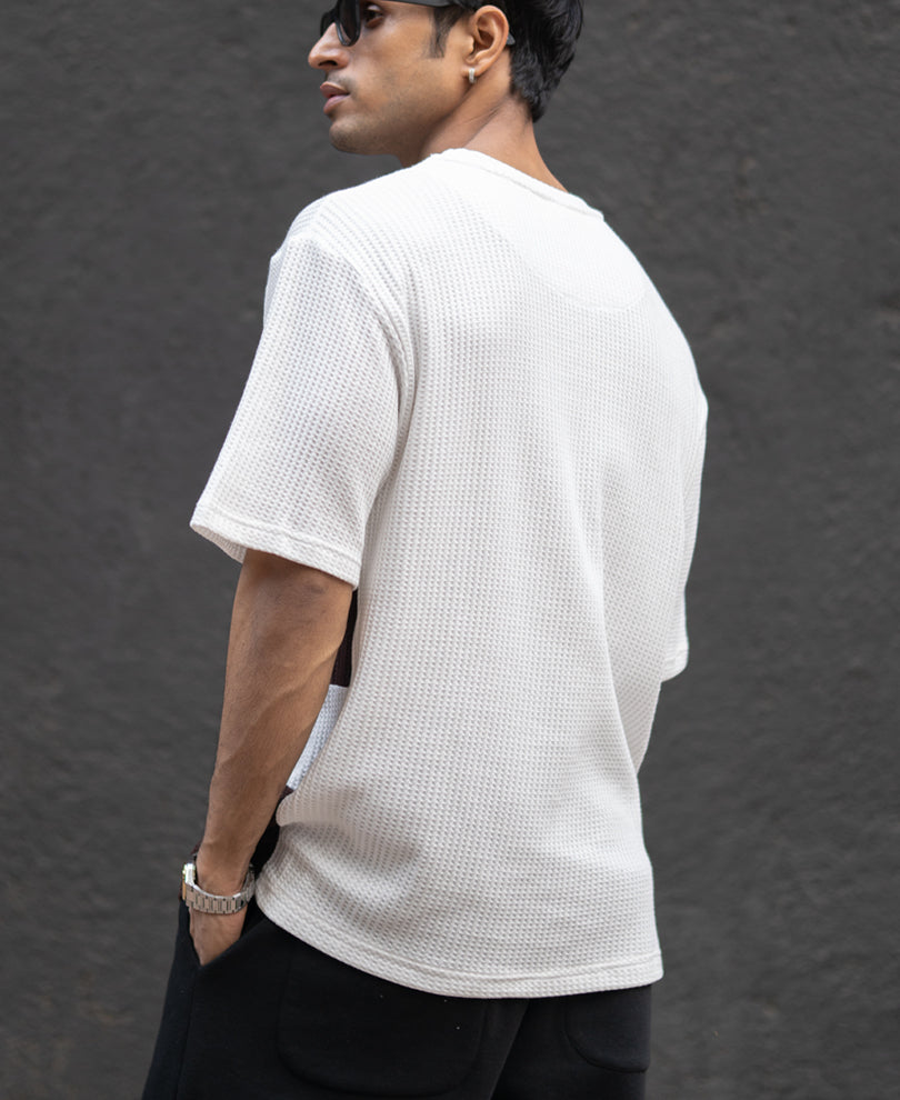 White Panelled Embroidered Tshirt.