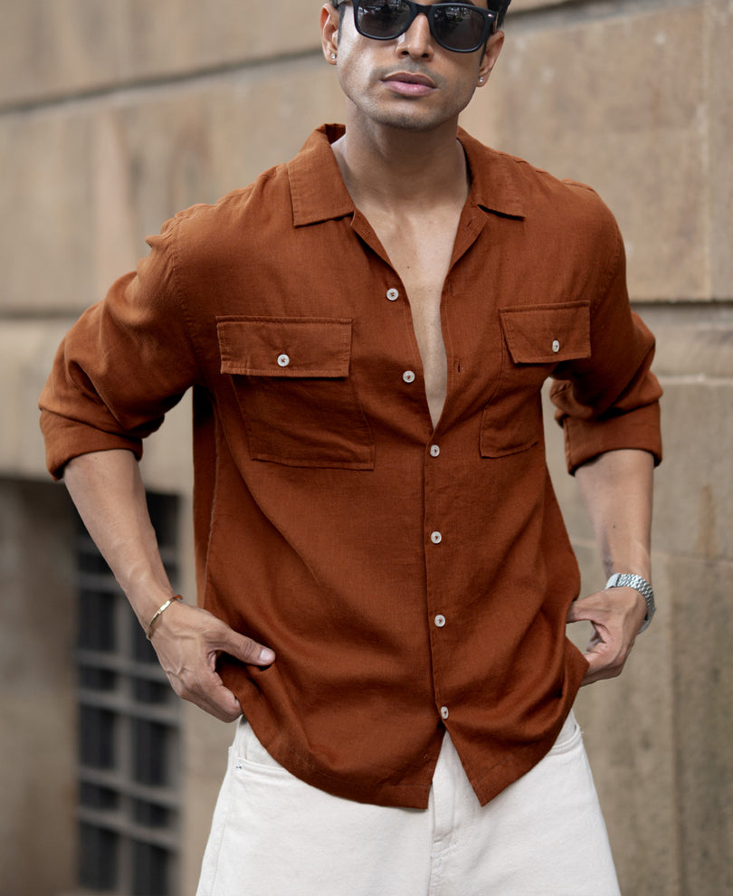 Tan Linen Double Pocket Shirt