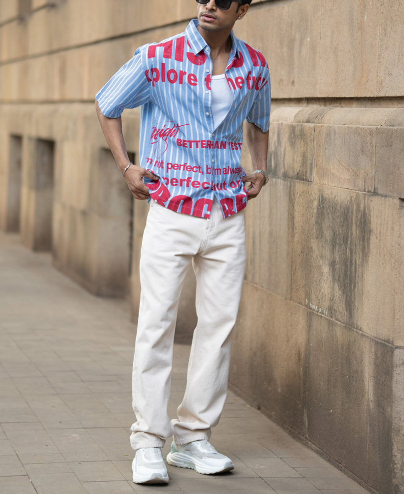 Blue Slogan Print Stripe Shirt.