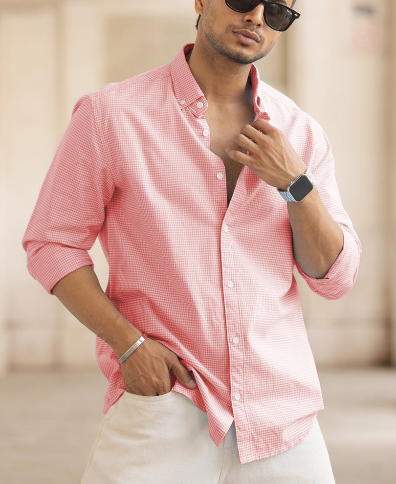 Peach Microchecks Oxford Shirt