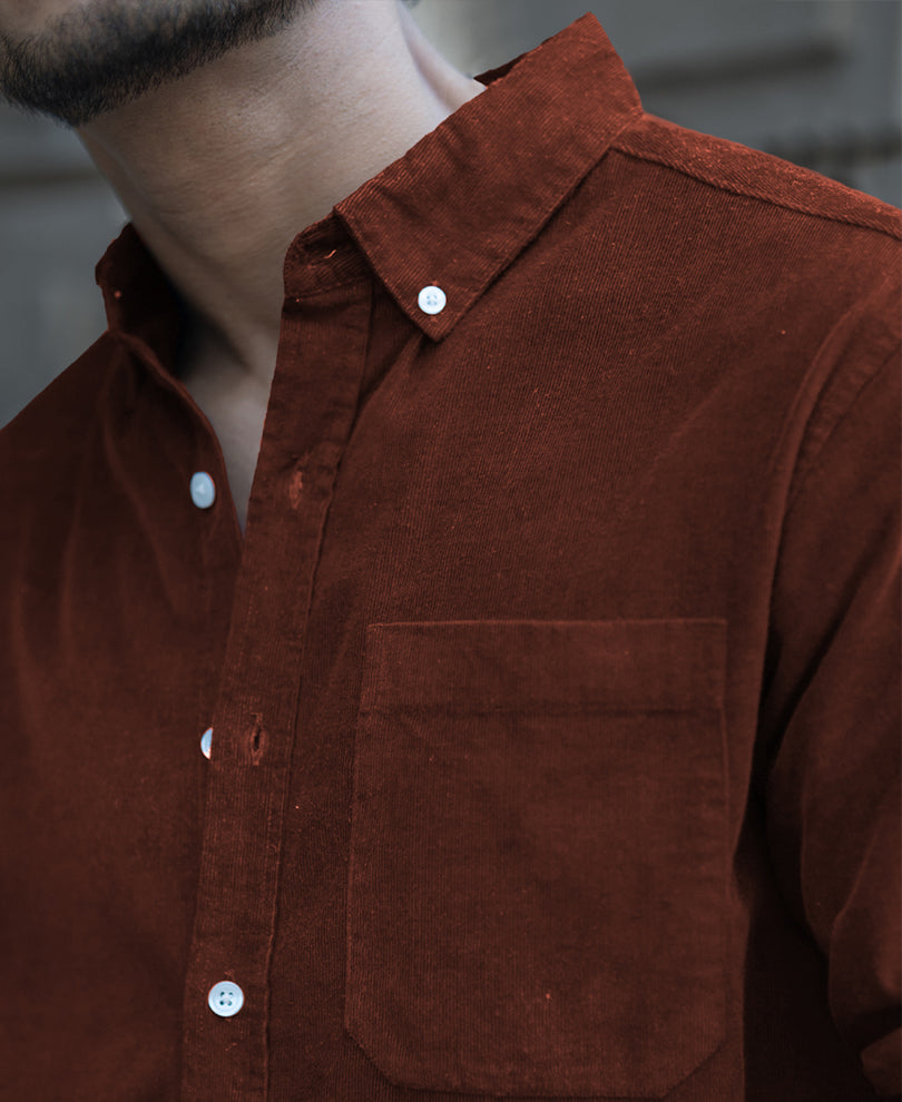 Brown Corduroy Regular Fit Full Sleeves Shirt
