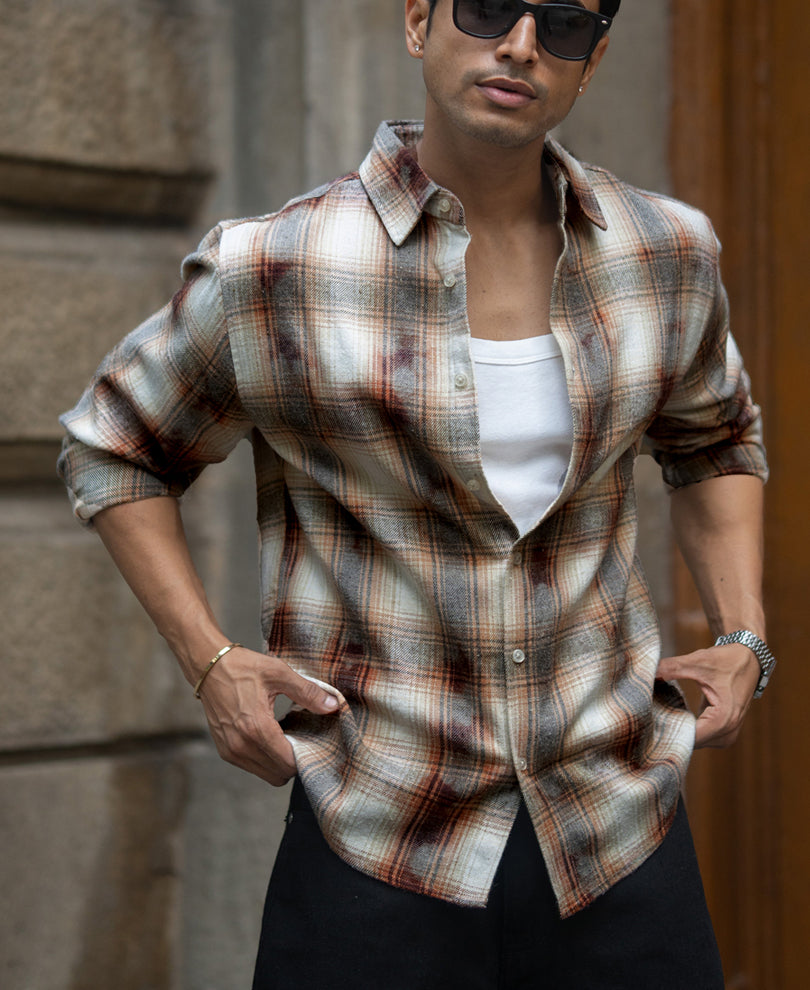 Beige Washed Checks Shirt