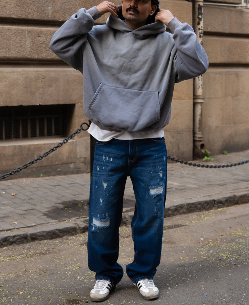 Dark Blue Distressed Baggy Fit Jeans