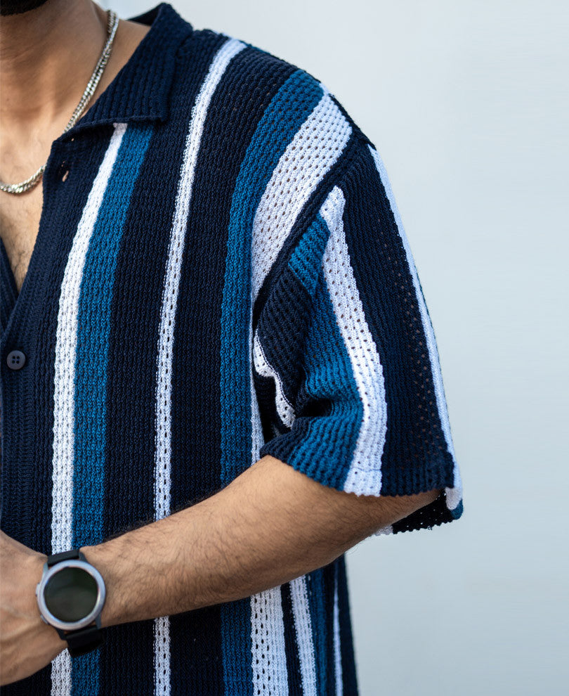 Multicolor Crochet Knit Striped Oversize Drop Shoulder Shirt