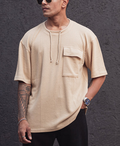 Beige Structured Oversized Half Sleeves T Shirt
