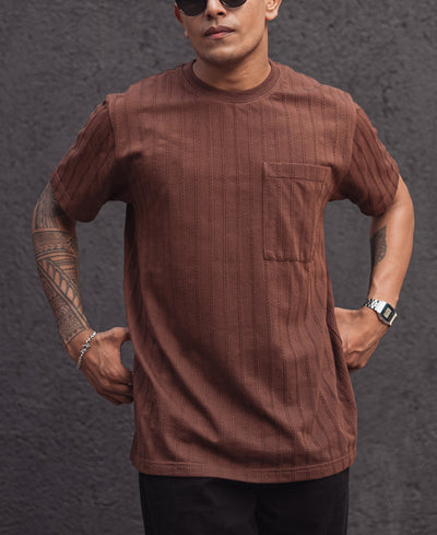 Brown Structured Regular Half Sleeves T Shirt
