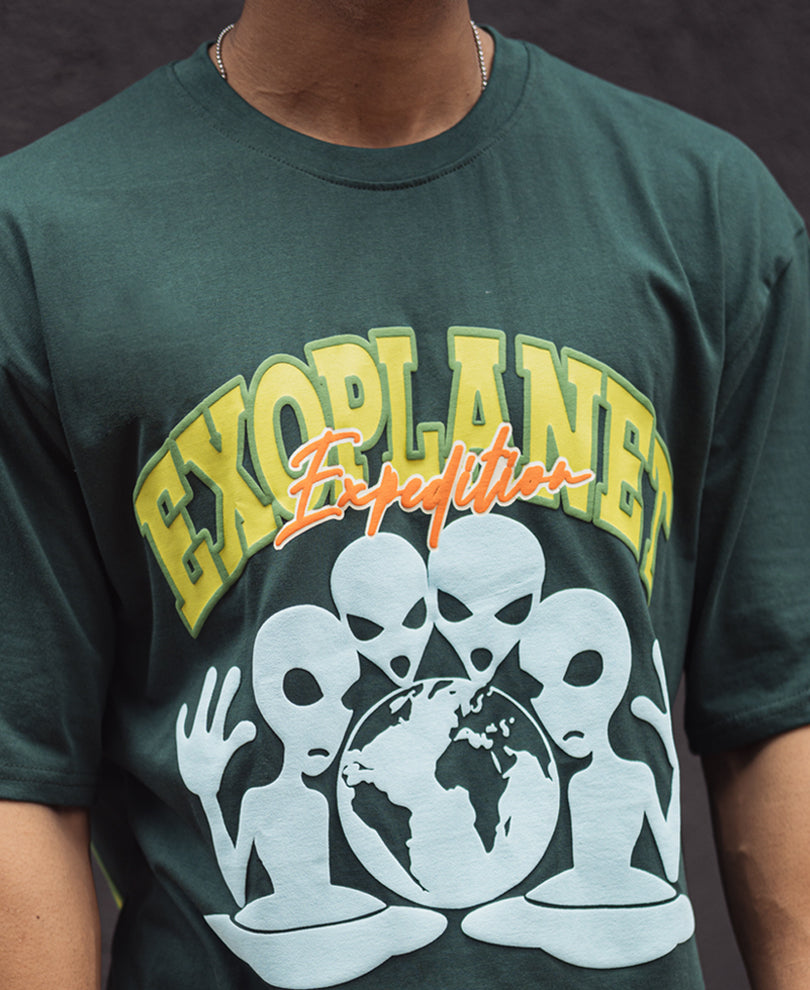 Dark Green Printed Oversized Half Sleeves T Shirt