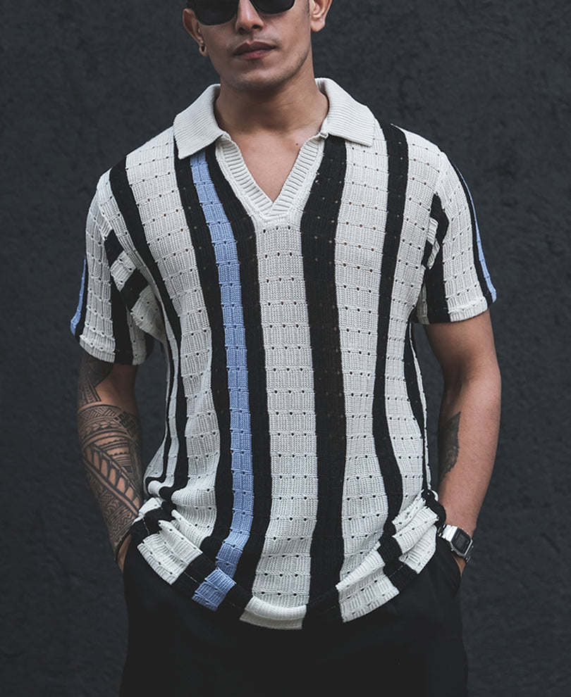 Multicolor Structured Knitted Striped Half Sleeves T Shirt