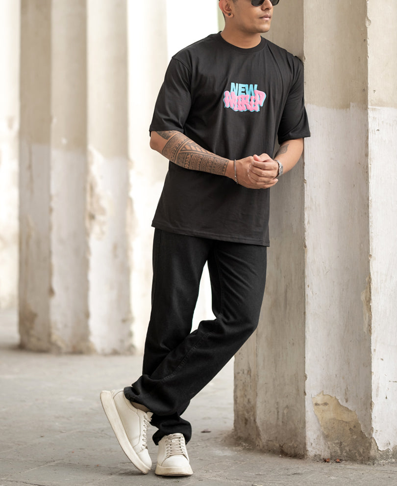 Black Exposed Printed Oversized T-Shirt