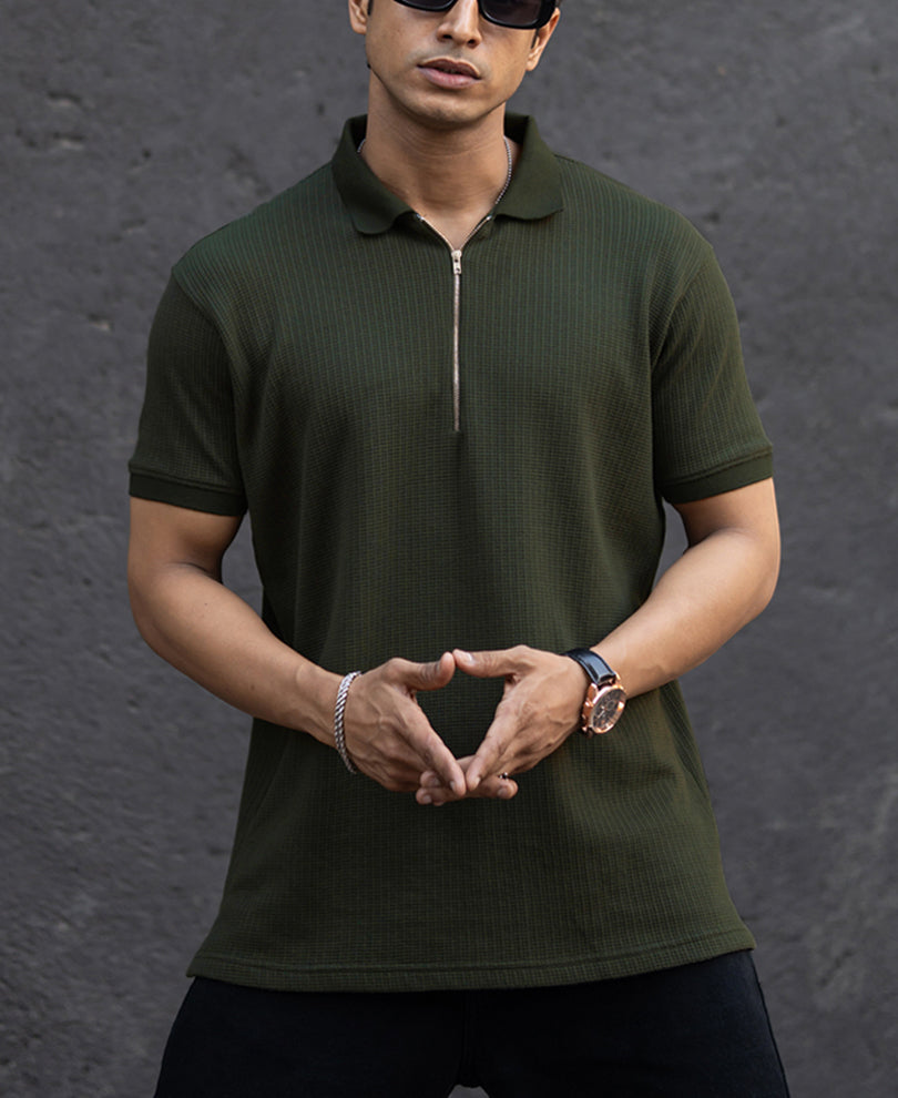 Dark Green Structured Half Sleeves Zipper T Shirt